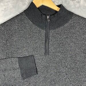 BONOBOS Men's Herringbone Quarter Zip Sweater 100% Merino Wool Gray Size M